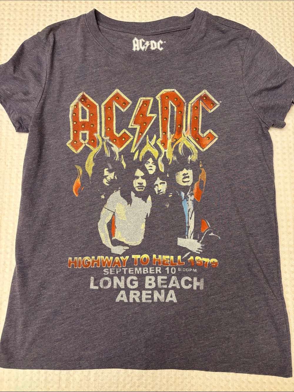 Lucky Brand SMALL Heather Blue Studded AC/DC Highway to Hell Graphic Tee